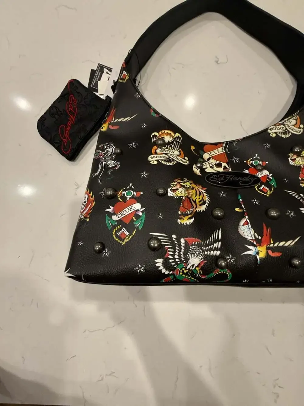 Ed Hardy Dalinda Black Studded Graphic Hobo Shoulder Bag with Pouch